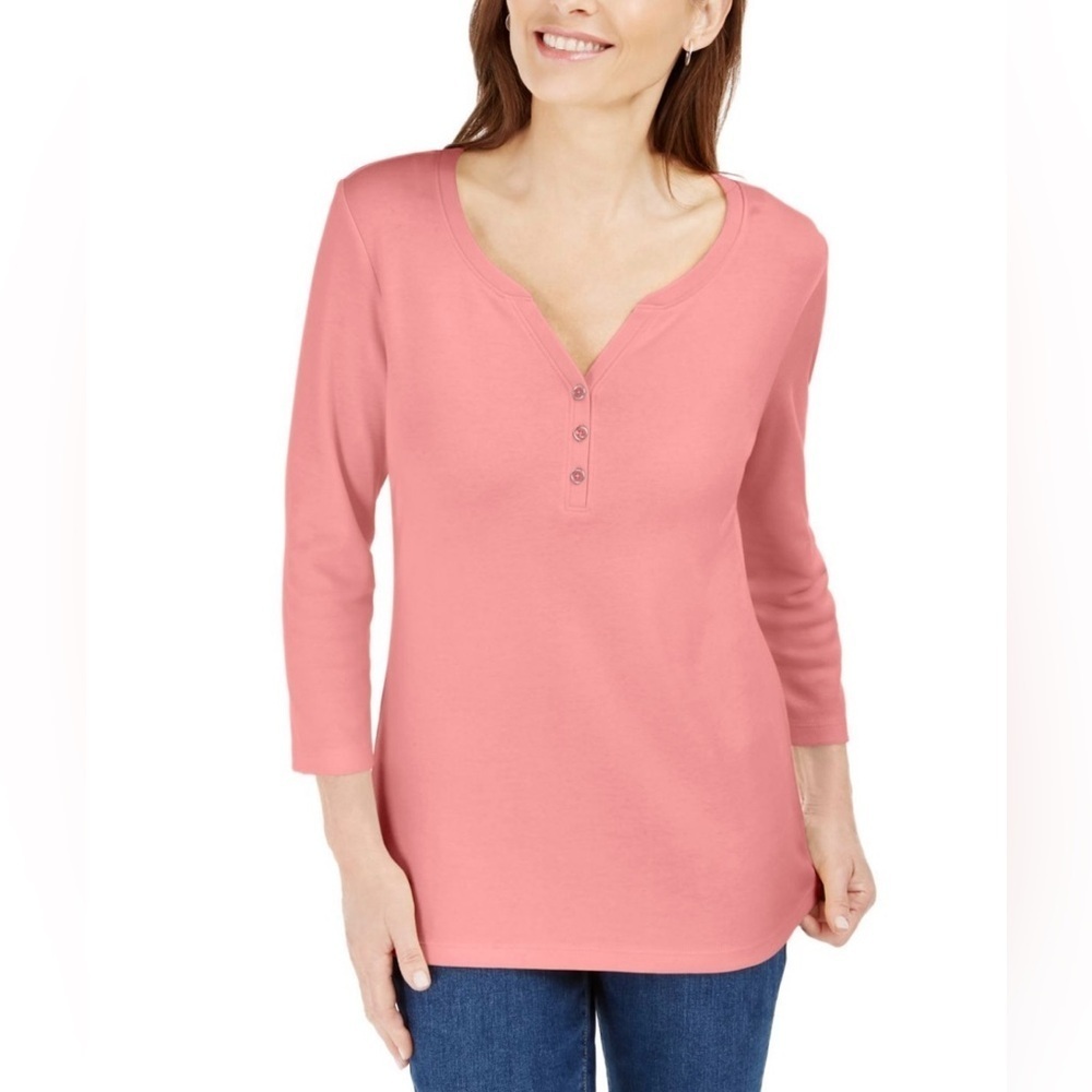 KAREN SCOTT cotton henley top 3/4 sleeve 3 decorative buttons small flaw size LP